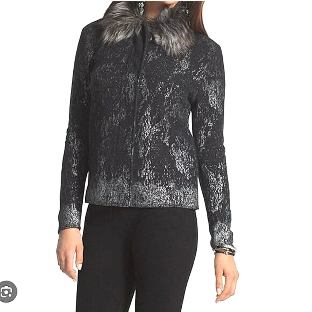 Chico’s Kendall Cardigan Sweater Silver Gray Faux Fur Collar Chico’s size 3 XL